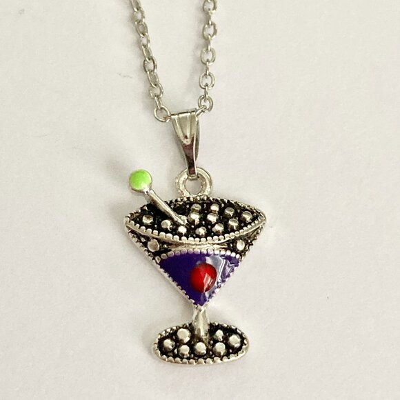 Martini Cocktail Drink Cup Glass Charm Necklace Pendant Purple Enamel 18" Chain - Picture 4 of 9